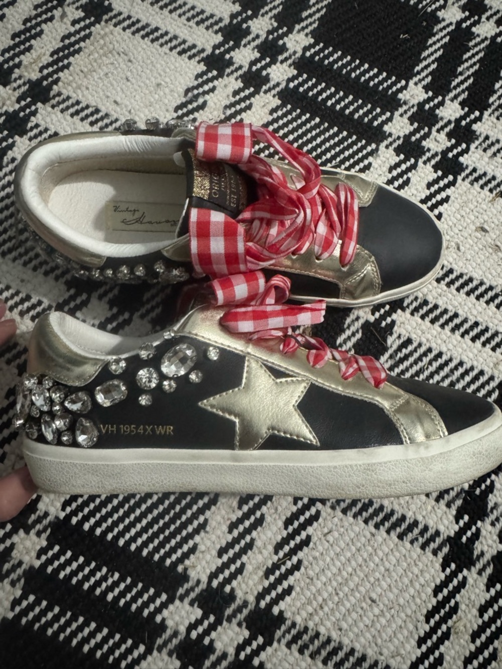 Vintage Havana Black & Gold Star Sneakers with Crystal Accents